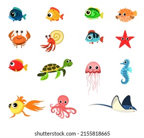 Set of Underwater marine animals and fish. Fun cartoon style. Crab, turtle, stingray and jellyfish. Starfish and seahorse. Fugu fish and octopus. Isolated on white background. Vector