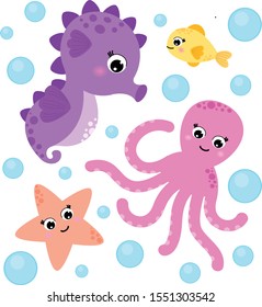 Set of underwater marine life. Seahorse, starfish, octopus and fish. Cartoon style.