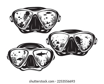 Set of underwater masks with an underwater scene. Collection of scuba googles with diver scene. Vector illustration of white background.