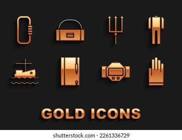 Set Underwater note book and pencil, Wetsuit for scuba diving, Gloves, Diving watch, Fishing boat on, Neptune Trident, Carabiner and Case box container wobbler icon. Vector