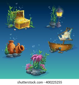 Set of underwater objects. Seaweeds, bubbles, a chest of coins, wealth, old broken amphora, stones, sunken boat, lantern. For web design, print, cards, video games, posters, magazines, newspapers.