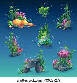 Set of underwater objects. Seaweeds, bubbles, stones. For web design, print, cards, video games, posters, magazines, newspapers.