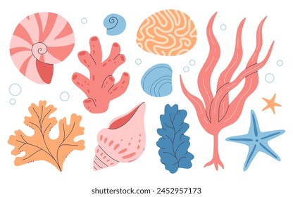 Satz von Unterwasser-Ozean-Korallenriff-Pflanzen, Korallen, Anemonen und Muscheln. Meeresalgen und Aquarien, tropische Korallenriff-Elemente. Meeresalgen, Meerestiere, Schwämme, Seegras und Muschelschalen.