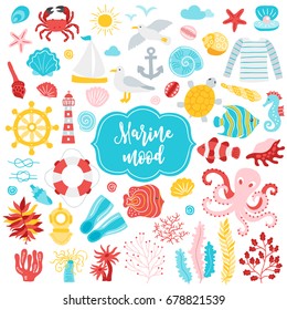Set of underwater ocean elements. Anchor, fish, shell, sea horse, turtle, seagull, coral, lifebuoy, lighthouse, octopus, seaweed, crab, sailing boat, knot, pearl. Cartoon design