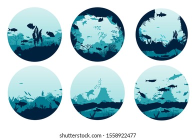 Set the underwater scene. Silhouette of fish and algae on the background of reefs. Flora and fauna of the ocean.