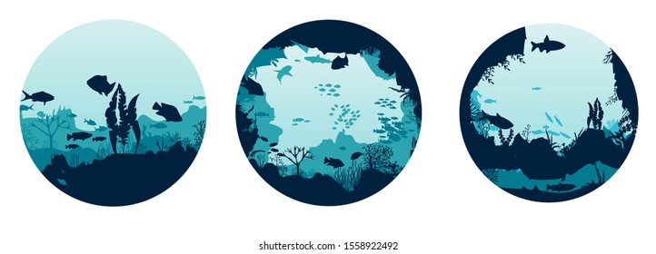 Set the underwater scene. Silhouette of fish and algae on the background of reefs. Flora and fauna of the ocean.