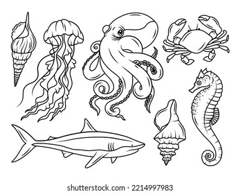 Set of underwater sea animals. Collection of ocean creature jellyfish, small horse, octopus, fish, shark. Vector illustration isolated on white background. Design for printing.