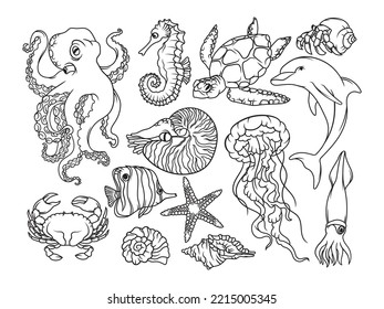 Set of underwater sea animals. Collection of ocean creature jellyfish, small horse, octopus, fish, shark. Vector illustration isolated on white background. Design for printing.