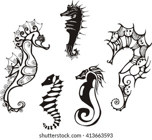 Set of underwater sea horses. Vector illustrations.