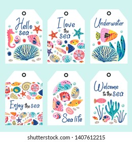 set of underwater sea life tags - vector illustration, eps