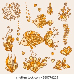 Set of underwater sea or ocean design elements. Cute fishes, algaes and bubbles