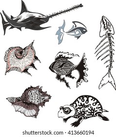 Set of underwater sea wildlife. Vector illustrations.