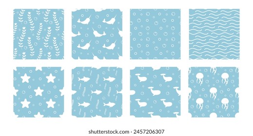 Set underwater seamless pattern. Shark, whale, algae, sea star, wave, bubble, dolphin, narwhal, jellyfish.