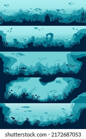 set underwater silhouette background. underwater coral reef, sea fish and marine algae cartoon scene, underwater. vector live aqua and seabed