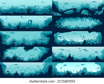 Unterwassersilhouettenhintergrund. Unterwasser-Korallenriff, Seefische und Meeresalgen-Cartoon-Szene, Unterwasser. Vektoraqua und Meeresboden