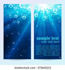 Set of underwater vertical banners, abstract backgrounds with sunlight and air bubbles, vector illustration