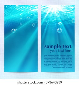 Set of underwater vertical banners, abstract backgrounds with sunlight and air bubbles, vector illustration