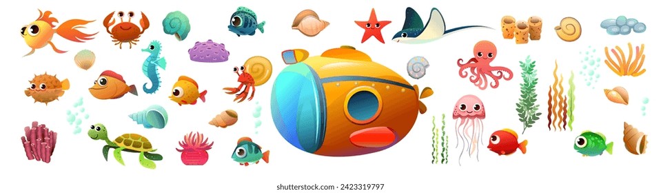 set underwater world of animals, fish and plants. Tropical species. Object isolated on white background. Cartoon fun style Illustration vector