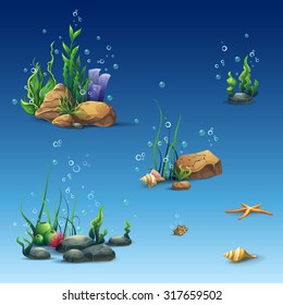 Set underwater world different elements  flora and fauna