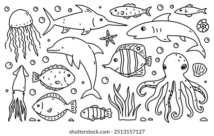 Set with an underwater world - jellyfish, squid, dolphin, octopus, various fish and algae isolated on a white background. Vector hand-drawn illustration in doodle style. Sea creatures.