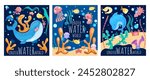 Set of underwater world posters. Colorful cards with inhabitants of ocean or sea. Banners with dolphin, fish, seahorse, algae and coral. Cartoon flat vector illustrations isolated on white background