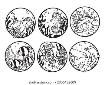 Set of the underwater world in round frame. Collection of frame with marine plants, animals, fish, corals . Tourism print for clothes. Vector illustration isolated on white background.