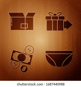 Set Underwear, Carton cardboard box, Money cash and coin and Gift box on wooden background. Vector