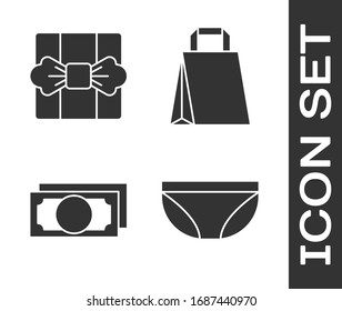 Set Underwear, Gift box, Stacks paper money cash and Paper shopping bag icon. Vector