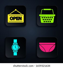 Set Underwear, Hanging sign with Open, Wrist watch and Shopping basket. Black square button. Vector
