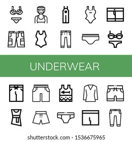 Set of underwear icons. Such as Bikini, Shorts, Boxer, Swimsuit, Overall, Jeans, Underwear, Blouse, Singlet, Underpants, Trousers , underwear icons