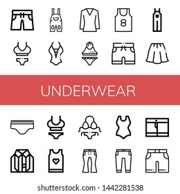 Set of underwear icons such as Swimming trunks, Bikini, Overall, Swimsuit, Blouse, Tank top, Shorts, Skirt, Underwear, Clothes, Jeans, Trousers , underwear