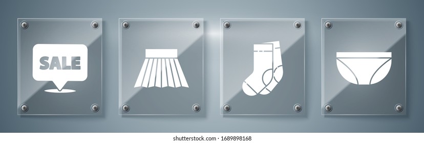 Set Underwear, Socks, Skirt and Hanging sign with Sale. Square glass panels. Vector