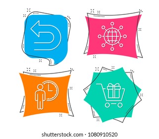 Set of Undo, Waiting and International globe icons. Shopping cart sign. Left turn, Service time, World networking. Gift box.  Flat geometric colored tags. Vivid banners. Trendy graphic design. Vector