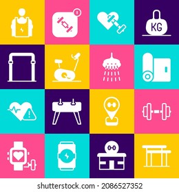 Set Uneven bars, Dumbbell, Fitness mat roll, with heart, Stationary bicycle, Sport horizontal, Bodybuilder and Shower icon. Vector