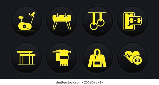 Set Uneven bars, Fitness app, Towel on hanger, Hoodie, Gymnastic rings, Pommel horse, Heart rate and Stationary bicycle icon. Vector
