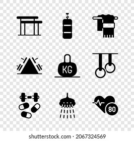 Set Uneven Bars, Punchsack, Handtuch auf Hänger, Sportdotierung mit Hantel, Dusche, Herzfrequenz, Metallgestell Gewicht und Gewicht Icon. Vektorgrafik
