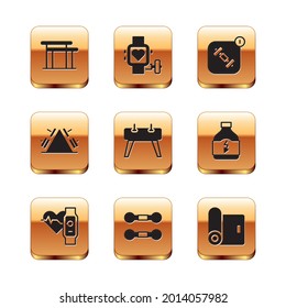 Set Uneven bars, Smart watch with heart, Dumbbell, Pommel horse, Metal rack weight, Fitness app, mat roll and  icon. Vector