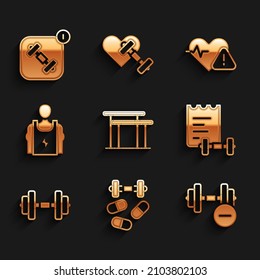 Set Uneven Barras, Deportes dopaje con dobladillo, Dumbbell, programa de entrenamiento, Bodybuilder, Heart rate e ícono de aplicación Fitness. Vector