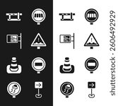 Set Uneven road ahead sign, ublic transport board, Parking car barrier, Pedestrian crosswalk, Traffic cone, Stop, turn right and Slippery traffic icon. Vector