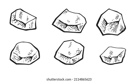 Conjunto de piedras desiguales. Rock al estilo de grabado contorno. Esbozo. Dibujo manual aislado en fondo blanco. Vector.