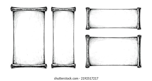 Set of unfolded rolls of paper, papyrus scroll, ancient parchment with space for text. Hand drawn vector illustration isolated on white background.