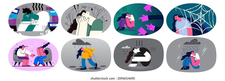 Set of unhappy broken young woman cry feel depressed suffer from anxiety or mental disorder. Collection of upset sad female struggle with depression. Psychological problem. Vector illustration. 