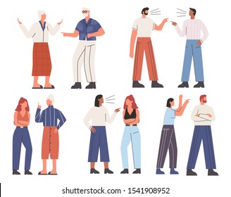 Set of unhappy couples arguing. Bundle of people pointing fingers at each other. Concept of addicted partner, bad relationships, two angry people. Flat vector illustration