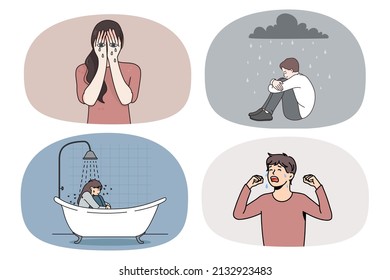 Un grupo de personas que lloran descontentas sufren de problemas psicológicos mentales o crisis mental. Colección de hombres y mujeres con angustia o depresión. Ilustración vectorial. 