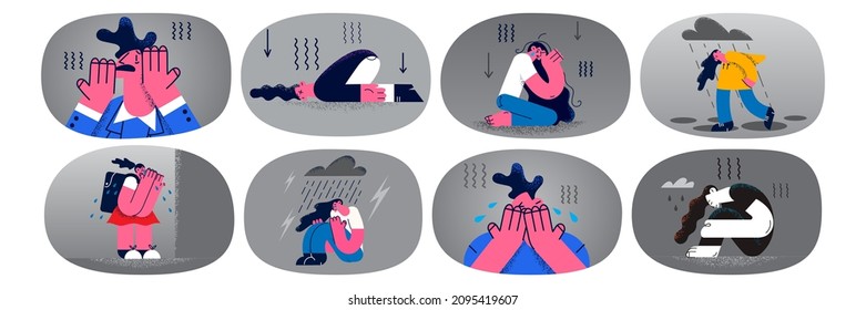 Set of unhappy depressed woman suffer from mental or psychological disorder. Collection of upset sad female struggle with nervous breakdown cry and depress. Healthcare. Vector illustration. 