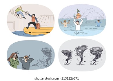 Set Of Unhappy Frustrated People Feel Scared On Natural Disaster Flooding Or Typhoon. Collection Of Confused Men And Women Rescue From Homes Suffer From Catastrophe. Vector Illustration. 