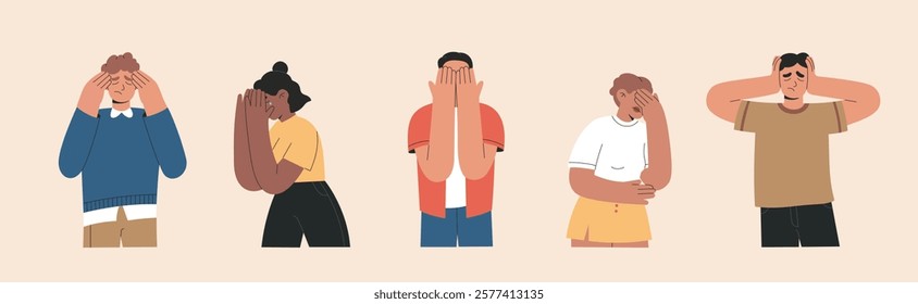 Set of unhappy, frustrated and upset people, mental psychological disorder concept. Burnout characters in bad mood, depression, ADHD, anxiety and grief, flat vector illustrations isolated background