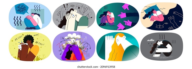 Set of unhappy girl struggle with bullying or discrimination, feel distressed crying. Collection of stressed upset woman suffer from mental disorder or depression. Psychology. Vector illustration. 