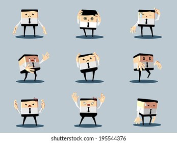 Set of unhappy office and business man, White shirt with black necktie, Cute cartoon vector