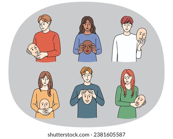 Un grupo de personas descontentas con máscaras sonrientes en las manos sufren depresión o problemas mentales. Los hombres y mujeres tristes luchan con el desorden de la personalidad. Ilustración vectorial.